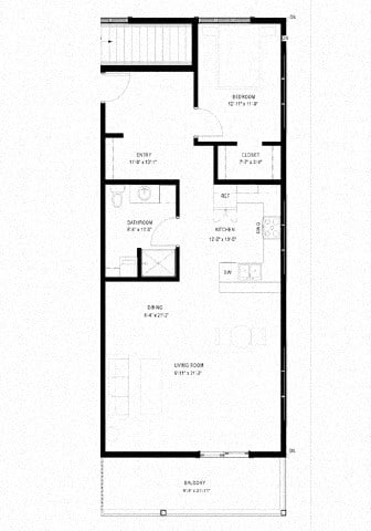 Floor plan for 1 bed, 1 bath, 913 sqft